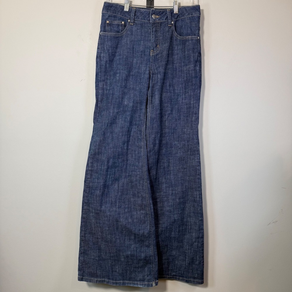 London Jean Extra Wide Flare Leg Jeans Womens 6 Blue Dark Wash High Rise Retroa